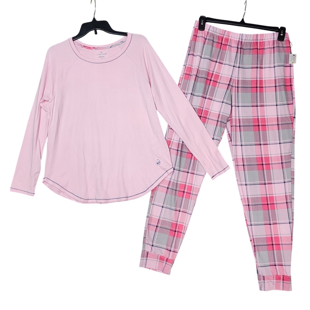 Cuddl Duds Pajama Set Long Sleeve Jogger Pants Pink Plaid Medium New Loungewear